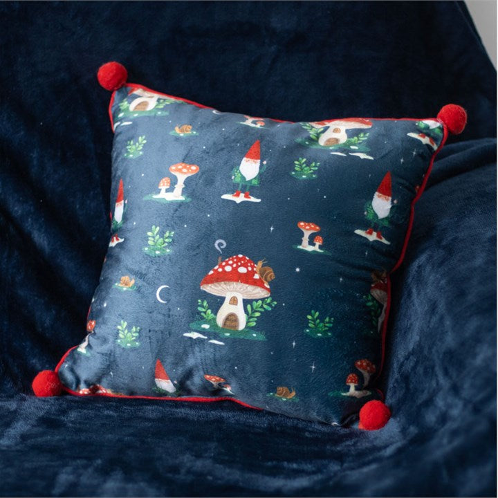 Gnome Sweet Home Print Cushion with Pom Poms