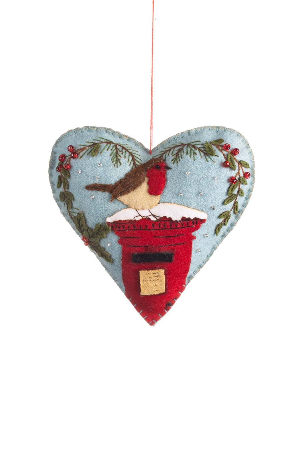 Robin on Postbox Felt Heart Decoration